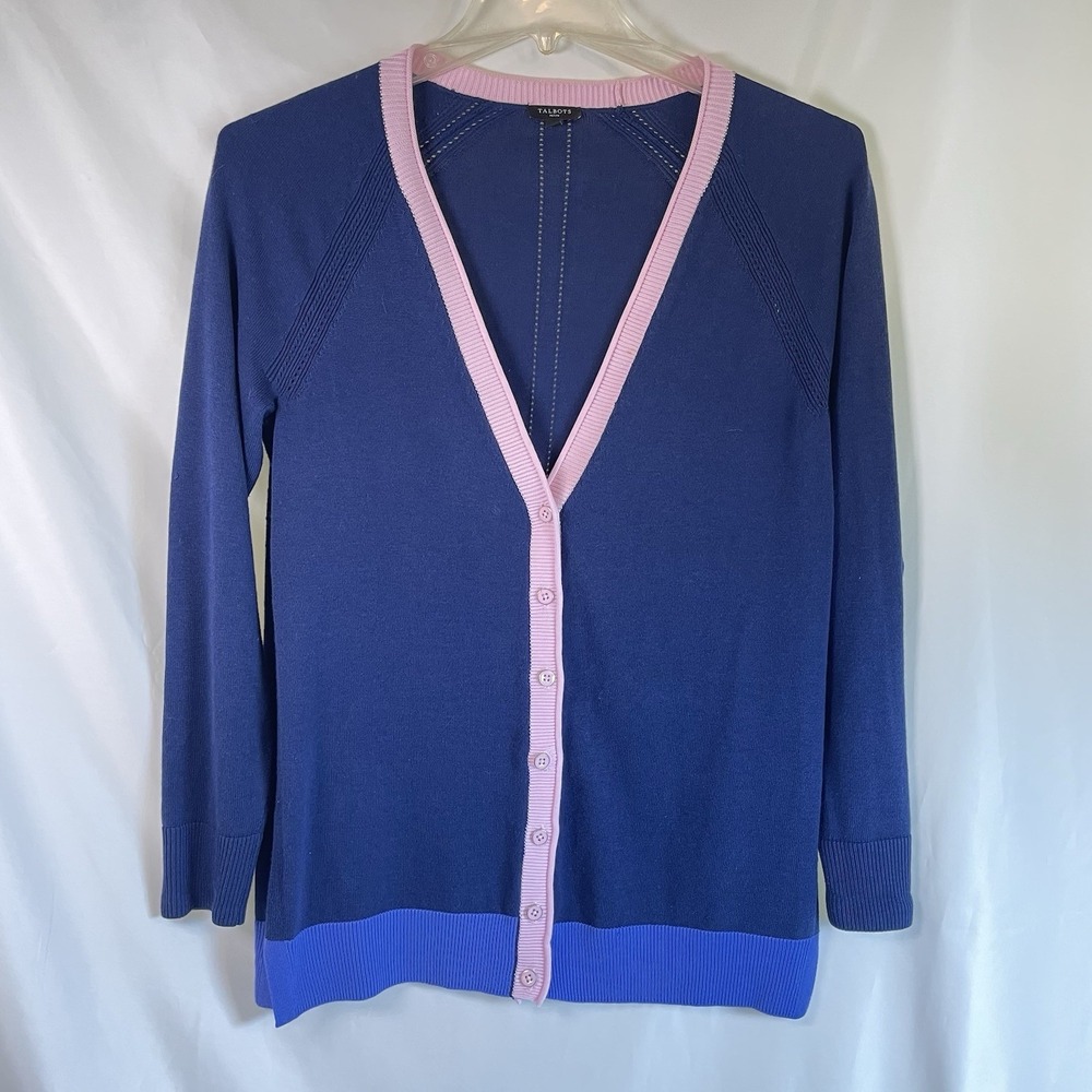 Talbots Cardigan Tipped Girlfriend Mp Blue/Pink Button Down Sweater Classic